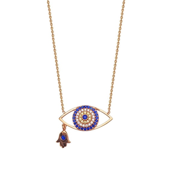 Sterling Silver Rose Plated Cubic Zirconia Evil Eye + Dangle Hand Of God Necklace - 18 Inch