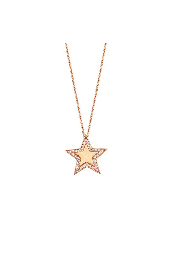 Sterling Silver Rose Plated High Polished Star + Cubic Zirconia Necklace - 18 Inch
