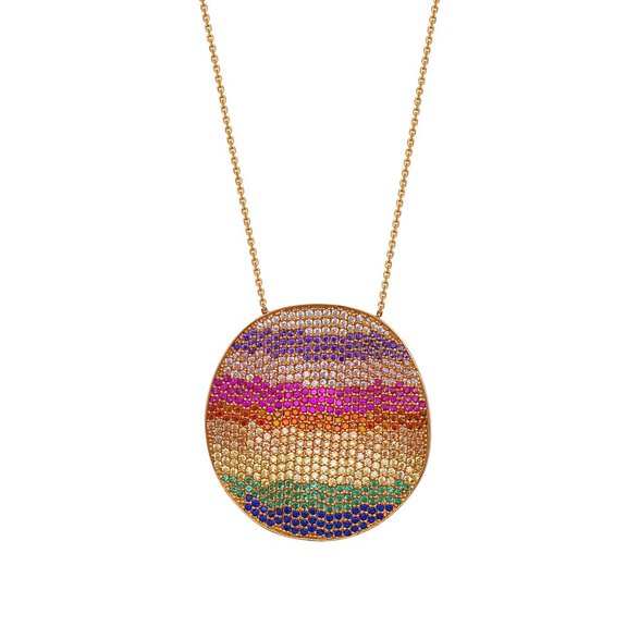 Sterling Silver Rose Plated Rainbow Colored Cubic Zirconia Disk Necklace - 18 Inch