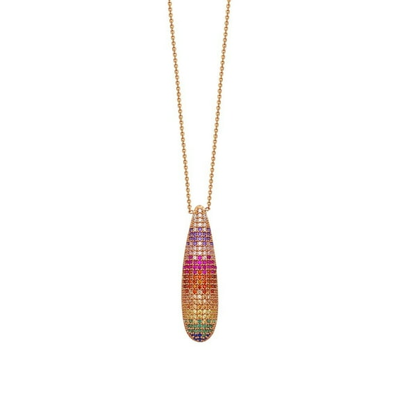 Sterling Silver Rose Plated Rainbow Colored Cubic Zirconia Teardrop Necklace - 18 Inch