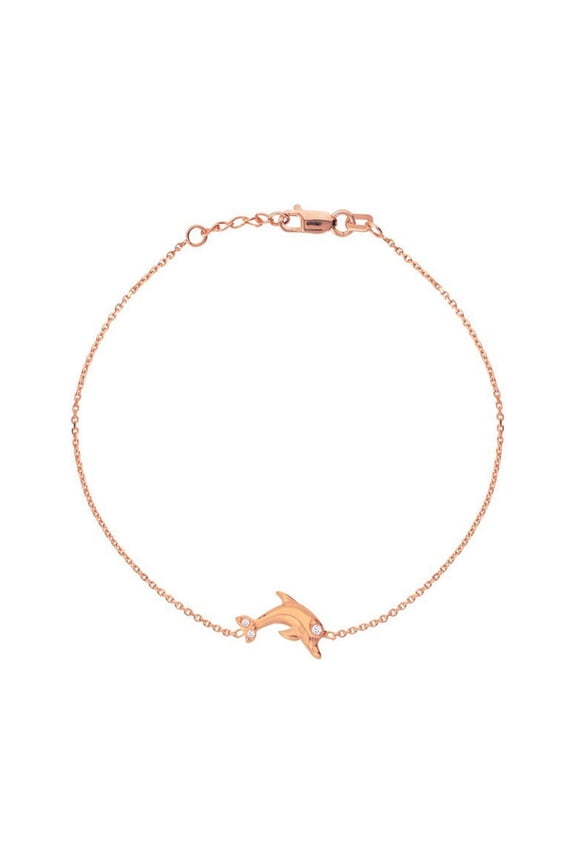 Sterling Silver Rose Plated Side-ways Adjustable Mini Cubic Zirconia Dolphin Bracelet- 7.50 Inch