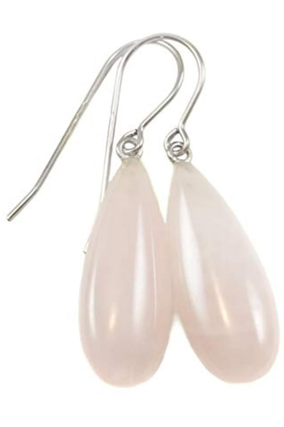 Sterling Silver Rose Quartz Earrings Smooth Long Soft Pale Pink Teardrop Simple Dangle Drops Designed for Adult Women