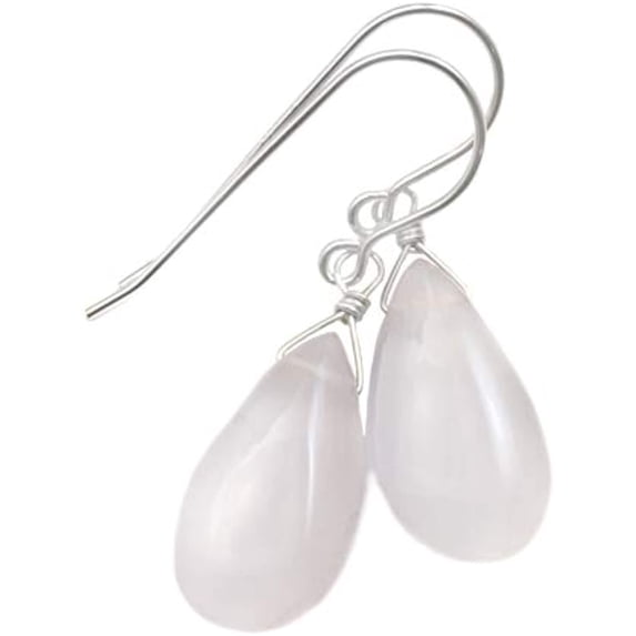 Sterling Silver Rose Quartz Earrings Smooth Teardrop Simple Soft Pink Dangle Drops Designed for Adult Women