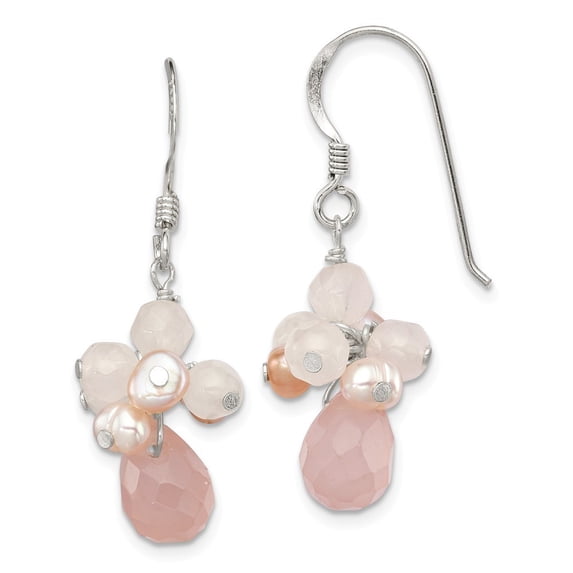 Sterling Silver Rose Quartz Freshwater Cultured Pink Pearl Earrings - Measures 34x6mm Wide