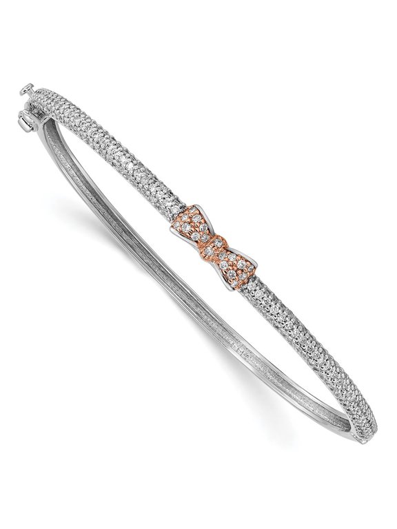 Finest Gold Sterling Silver Rose Tone CZ Bow Hinged Bangle
