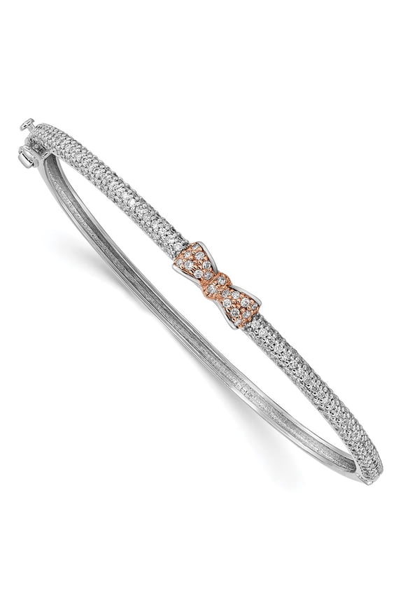 Finest Gold Sterling Silver Rose Tone CZ Bow Hinged Bangle