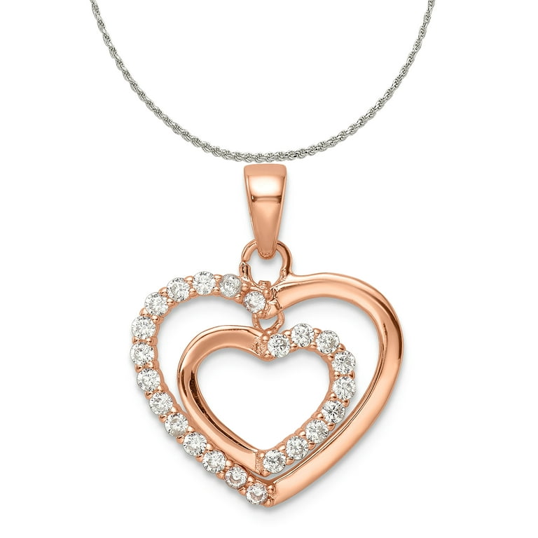 Sterling Silver Rose Tone CZ Hearts Pendant (22.25mm X 17.3mm) With  Sterling Silver Rope Chain Necklace 16