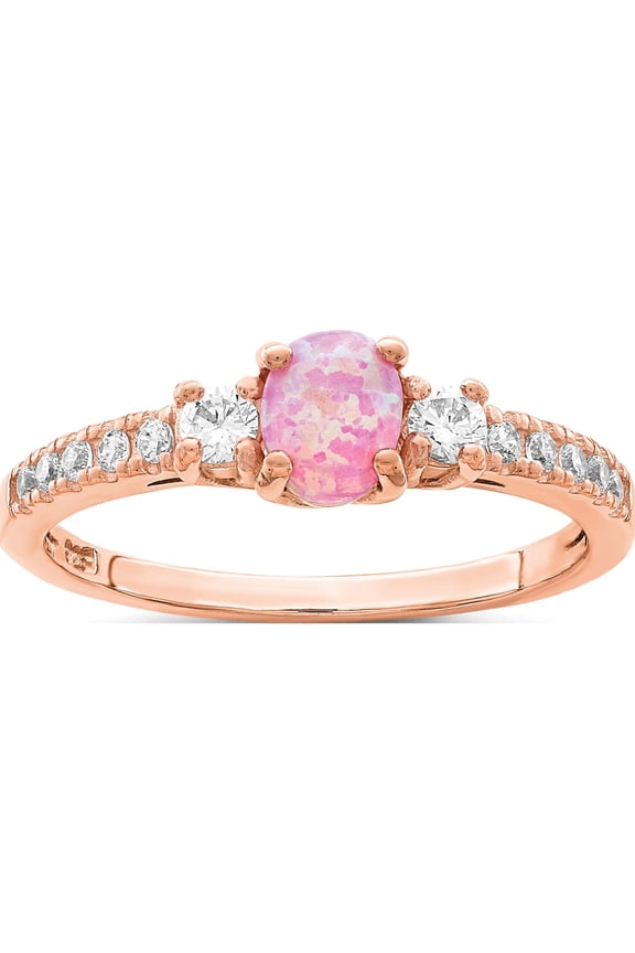 Sterling Silver Rose-tone Created Pink Opal and CZ Ring