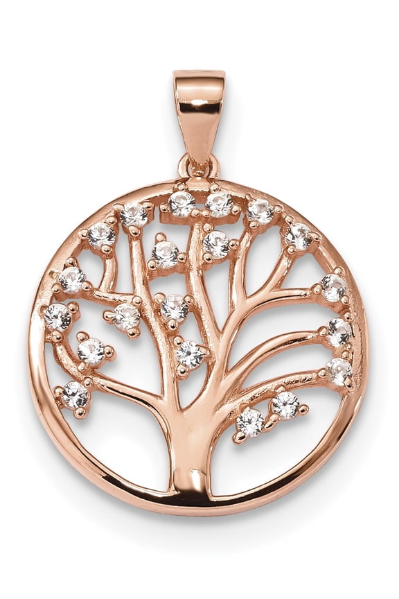 Sterling Silver Rose-Tone Created White Sapphire Tree Of Life Pendant (28.2 X 21.1) Made In China qp4905