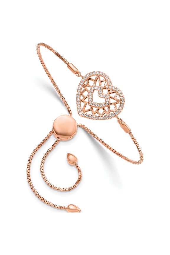 Sterling Silver Rose-Tone Cz Brilliant Embers Heart Adjustable Bracelet Made In China qmp1388
