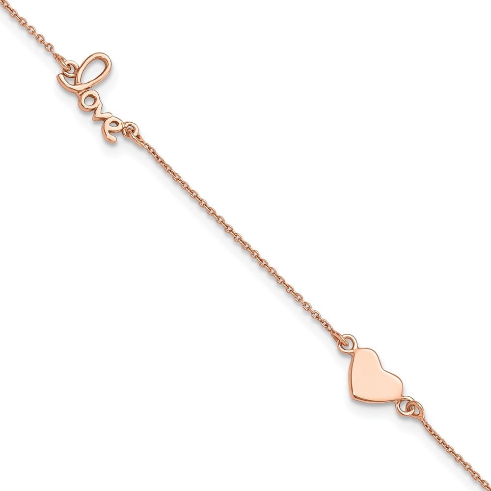 Sterling Silver Rose Tone Love and Heart 9in Plus 1in ext Anklet