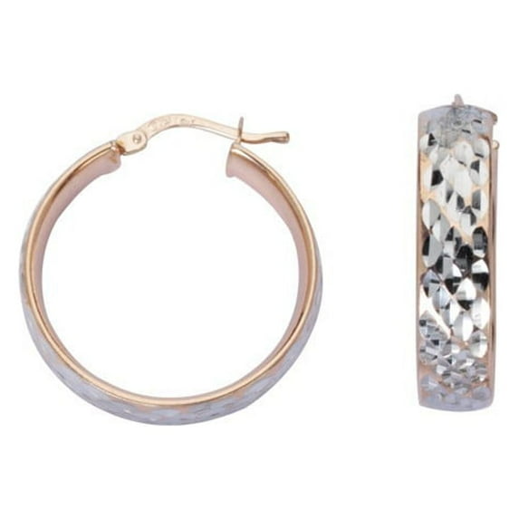 Sterling Silver Rose and White Plated 6mmx20mm Hoop Earrings Full Sparkle-Cut - 4.3 Grams