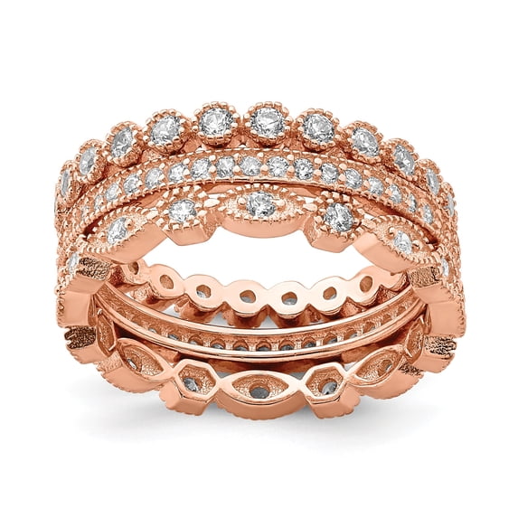 Sterling Silver Rose-tone CZ Set of 3 Eternity Rings - Size 7