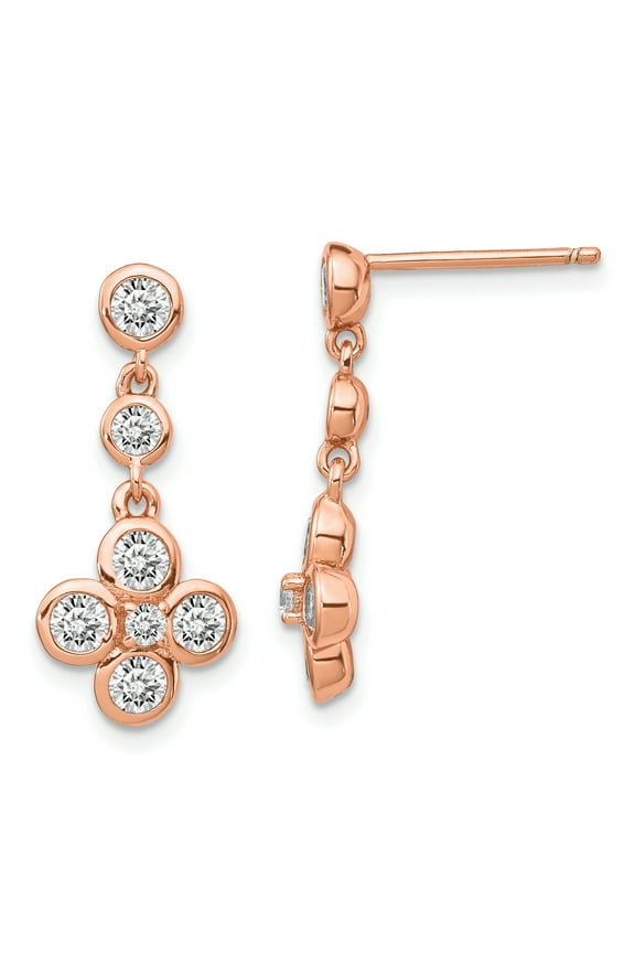 Sterling Silver Rose-tone Polished CZ Post Dangle Earrings QE14400