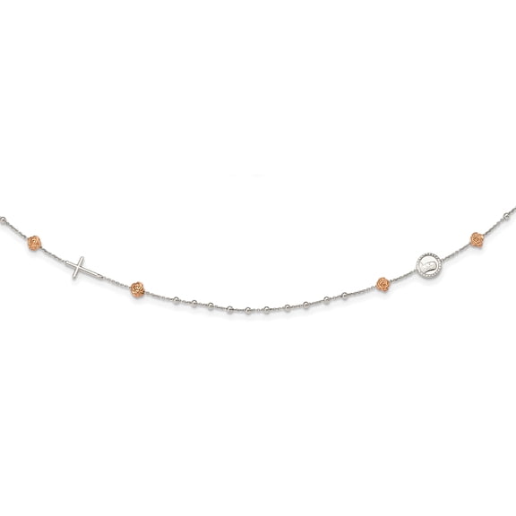 Sterling Silver Rose-tone Roses with Cross with 1in .Extender Pendant Necklace