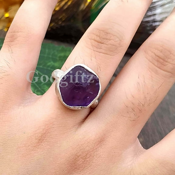 Sterling Silver Rough Amethyst Ring: Handmade Stacking Jewelry