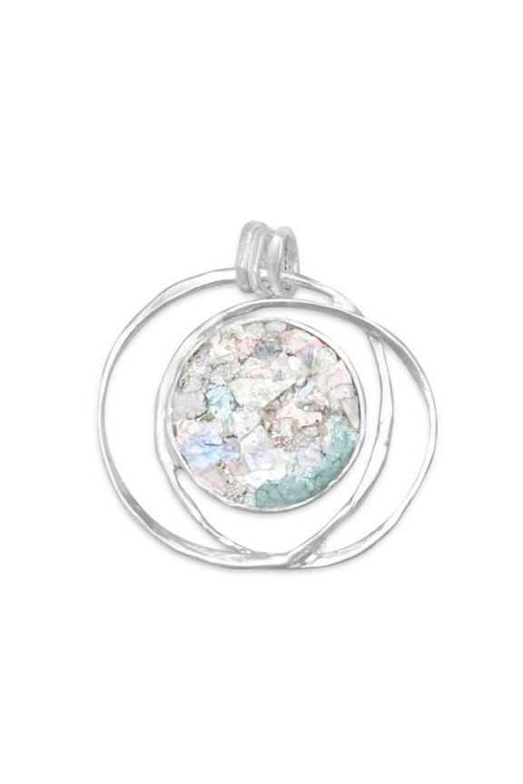 Sterling Silver Round Ancient Roman Glass Open Wire Pendant