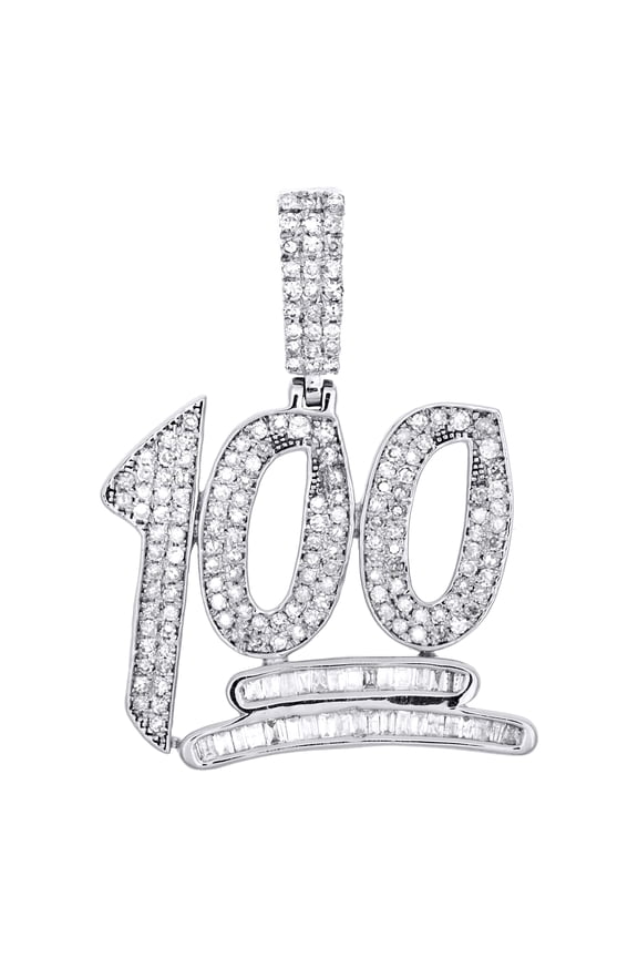 Sterling Silver Round & Baguette Diamond 100 Emoji Pendant 1.30" Charm 7/8 CT.