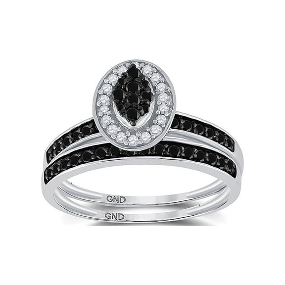 Sterling Silver Round Black Color Enhanced Diamond Bridal Wedding Ring Band Set 1/2 Cttw
