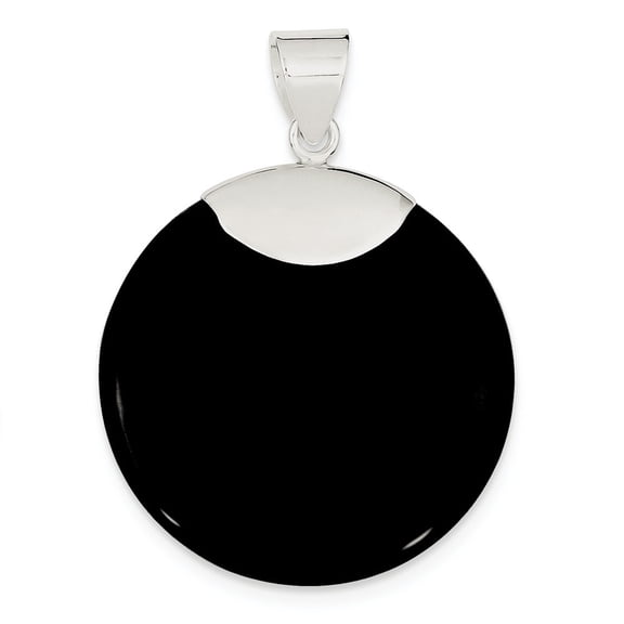 Sterling Silver Round Black Simulated Onyx Pendant - Measures 47x35mm Wide