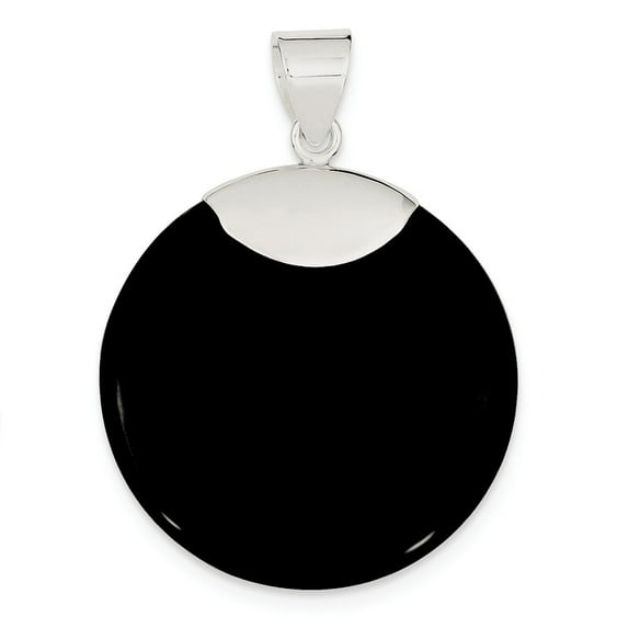 Sterling Silver Round Black Simulated Onyx Pendant - Measures 47x35mm Wide