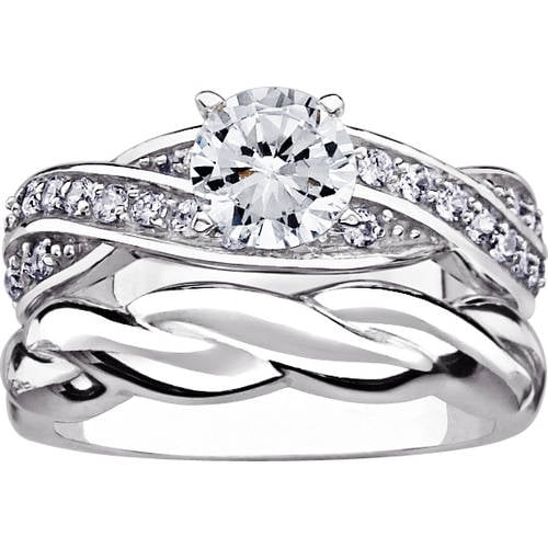 Sterling Silver Round CZ 2 Piece Wedding Ring Set
