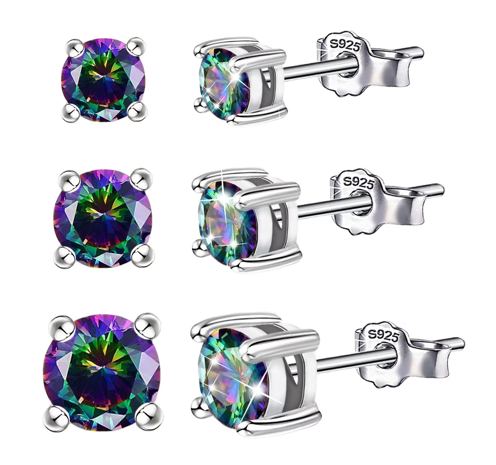 Sterling Silver Round CZ Studs with White Gold Plated Rainbow
