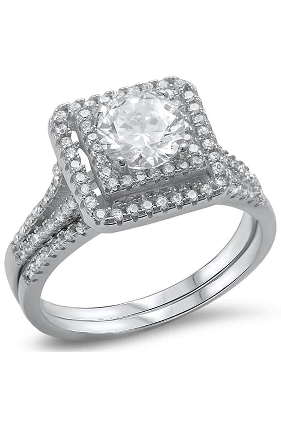 Sterling Silver Round Center Clear CZ Square Design Ring Size 10