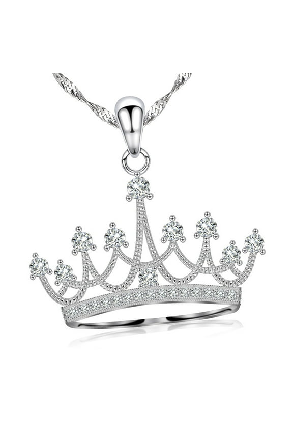 Sterling Silver Round Cubic Zirconia Crown Pendant Necklace for Women