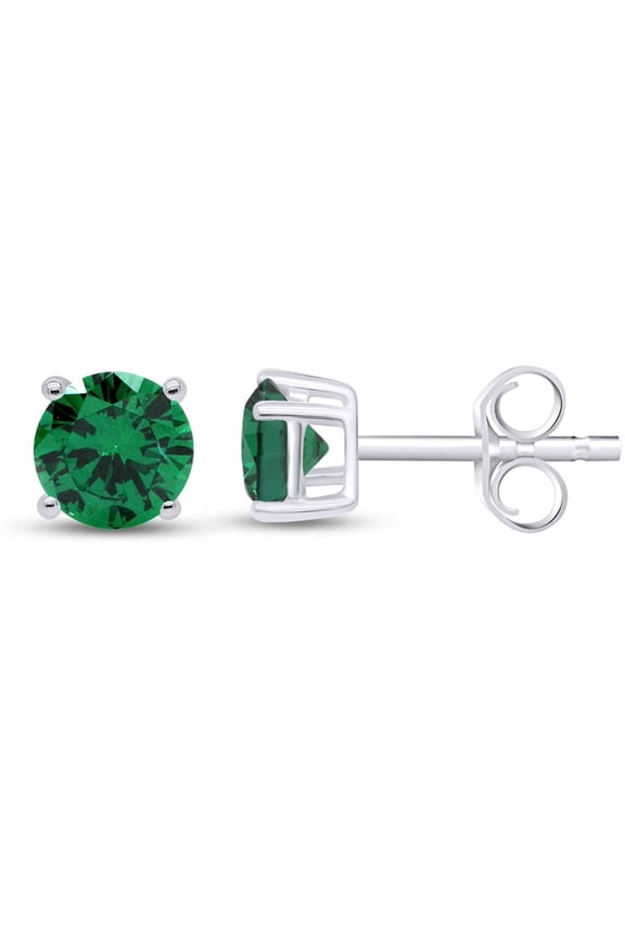 Sterling Silver Round Cut Emerald Studs