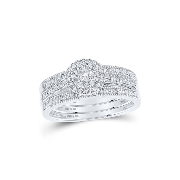 Sterling Silver Round Diamond 3-Pc Bridal Wedding Ring Band Set 1/4 Cttw