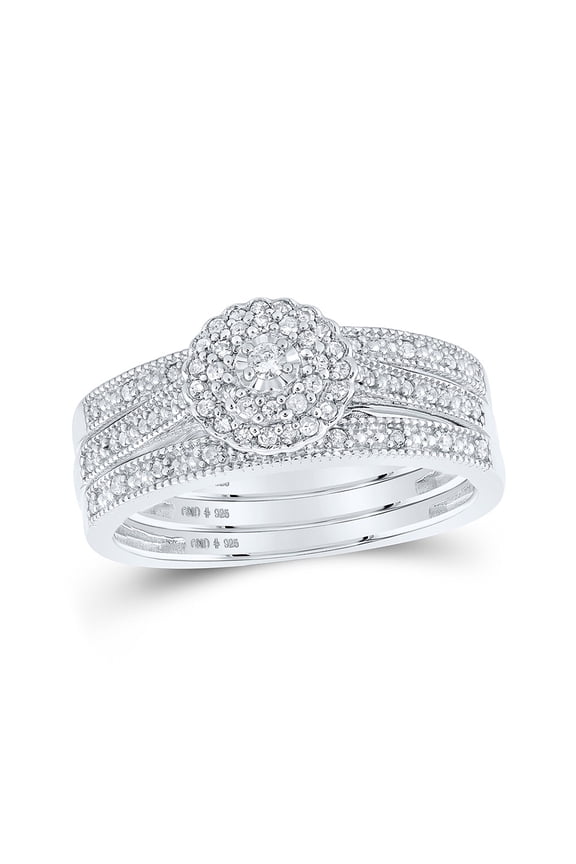 Sterling Silver Round Diamond 3-Pc Bridal Wedding Ring Band Set 1/4 Cttw
