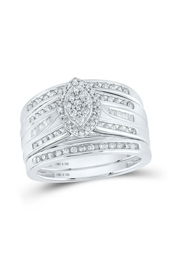 Sterling Silver Round Diamond 3-Pc Oval Bridal Wedding Ring Band Set 1/2 Cttw