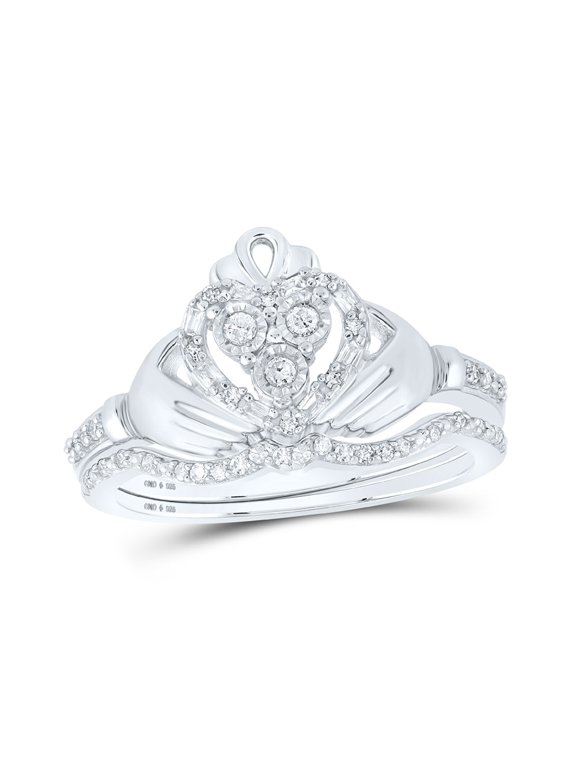 Sterling Silver Round Diamond Claddagh Bridal Wedding Ring Band Set 1/5 Cttw