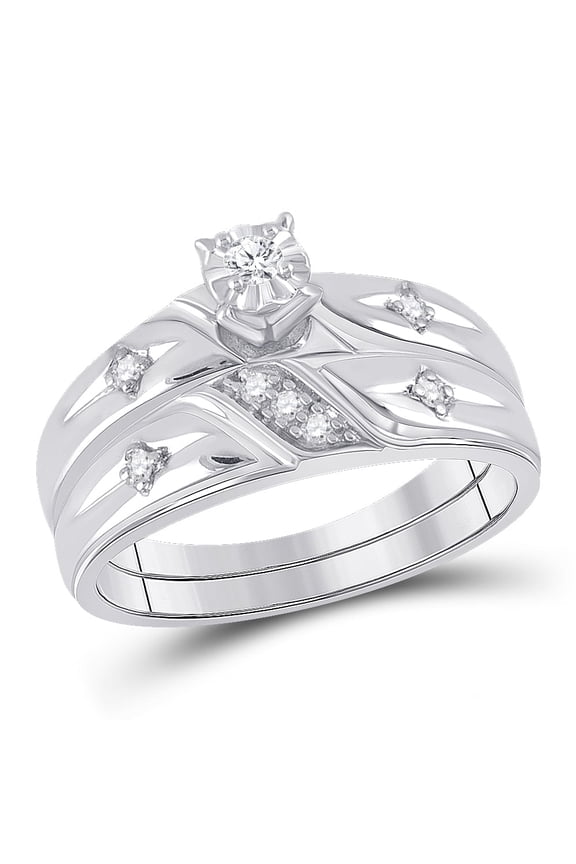 Sterling Silver Round Diamond Cross His & Hers Matching Trio Wedding Ring Set 1/6 Cttw