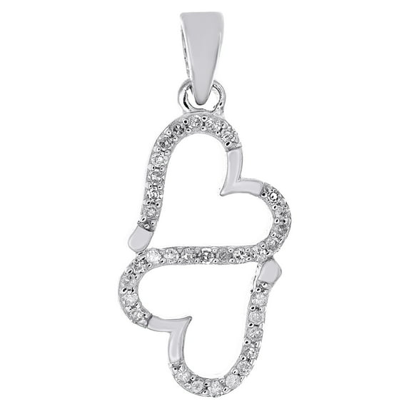 Sterling Silver Round Diamond Double Heart Love Pendant 0.90" Fancy Charm 1/8 CT