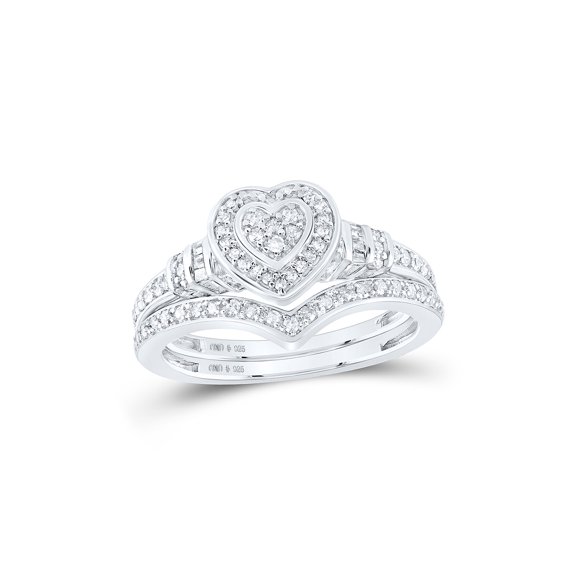 Sterling Silver Round Diamond Heart Bridal Wedding Ring Band Set 1/3 Cttw