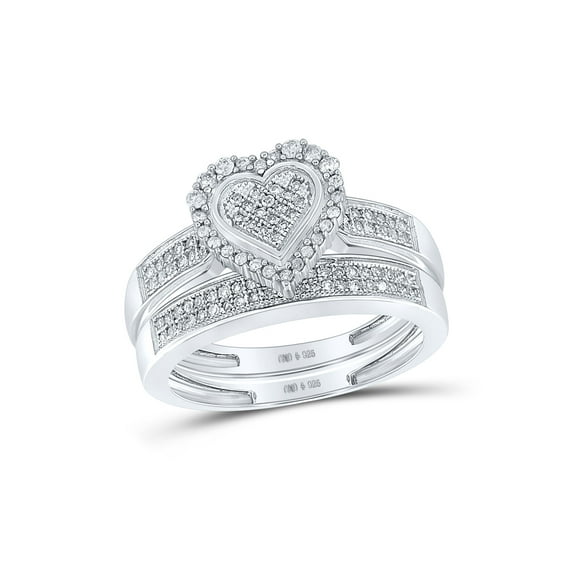 Sterling Silver Round Diamond Heart Bridal Wedding Ring Band Set 3/8 Cttw