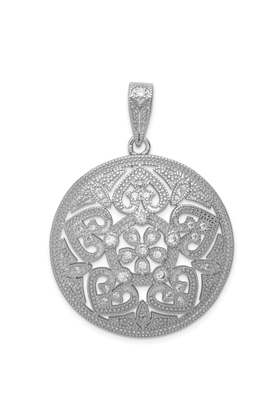 Sterling Silver Round Filigree Pendant Necklace for Women with Floral Scroll Design, Mandala Pattern, Milgrain Accents, Boho Spiritual Style, Elegant Ornate Circle Jewelry Piece