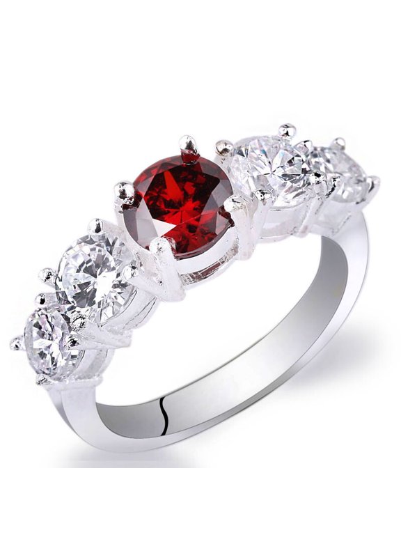 Sterling Silver Round Five-Stone Ring for Women, Red Ruby Clear Accents-5