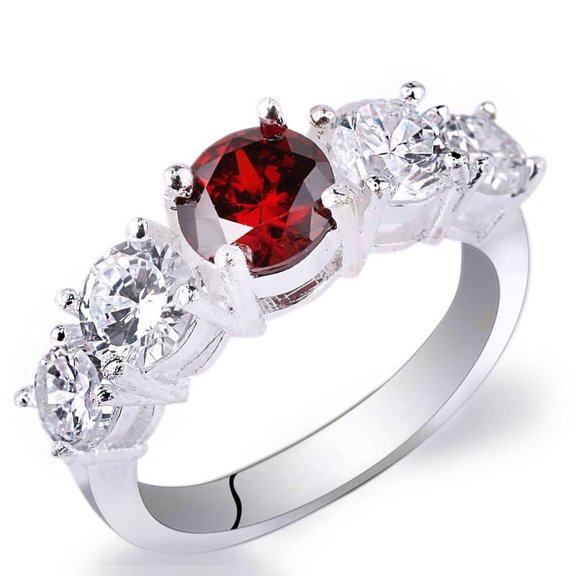 Sterling Silver Round Five-Stone Ring for Women, Red Ruby Clear Accents-8