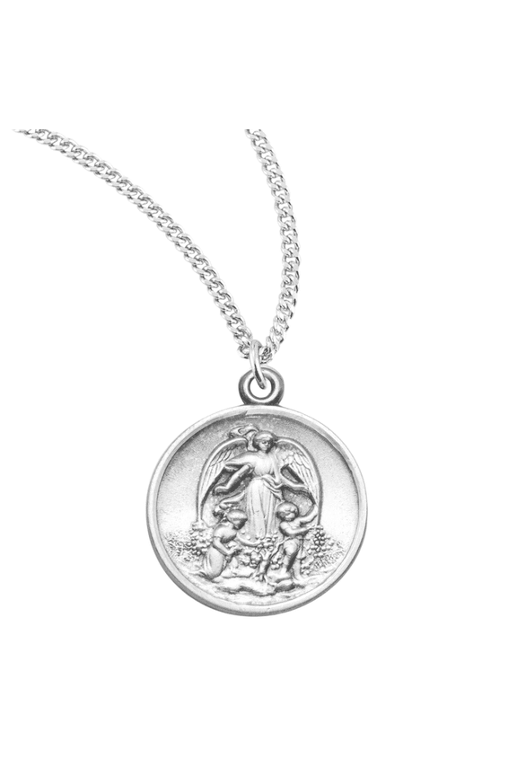Sterling Silver Round Guardian Angel Medal, 18" Rhodium Plated Stainless Steel Chain Necklace, Made in USA, Deluxe Velvet Gift Box