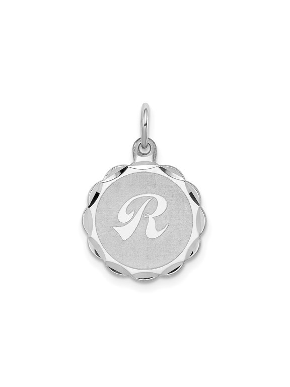 Sterling Silver Round Initial Pendant Necklace with Script R Engraving, Scalloped Edge Monogram Charm for Women or Unisex Layered Jewelry Style