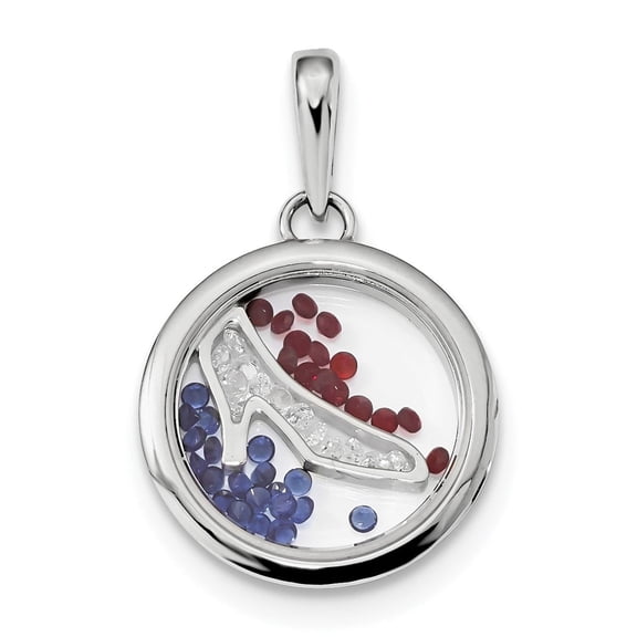 Sterling Silver Round Locket Pendant with High Heel Shoe, Red and Blue Crystals, Patriotic Jewelry for Women, Fashion Charm Necklace, Feminine Style Accessory