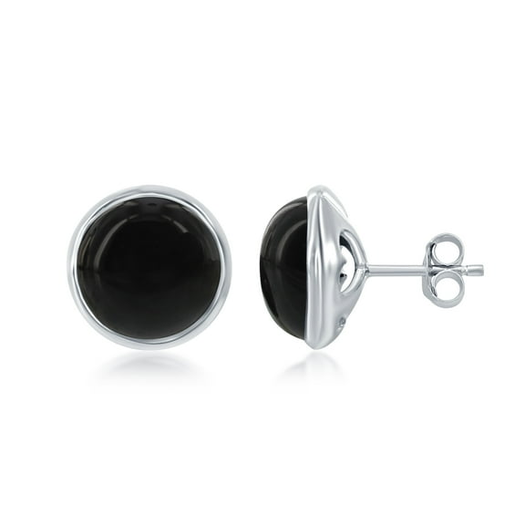 Sterling Silver Round Natural Onyx Bezel Set Stud Earrings