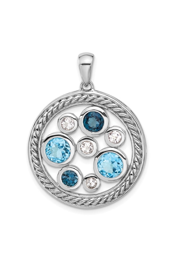 Sterling Silver Round Pendant Necklace for Women with Braided Border, Blue and White Gemstone Cluster, Modern Elegant Circle Fashion Jewelry for Anniversary or Everyday Wear
