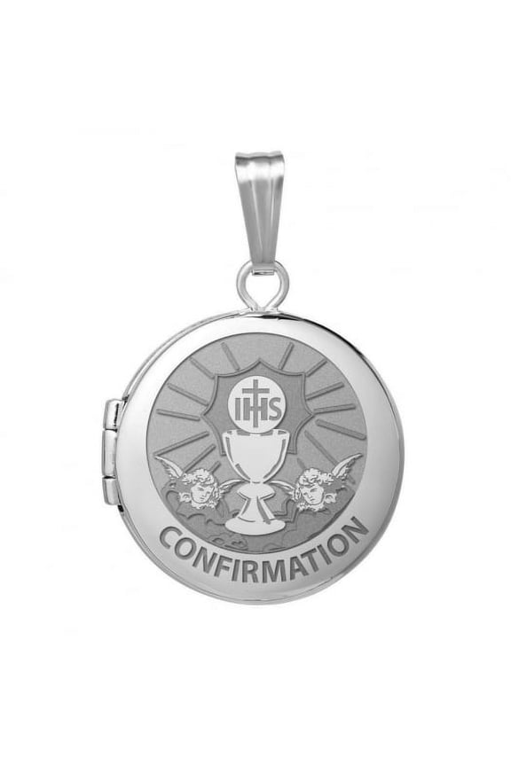 Sterling Silver Round Picture Confirmation Chalice and Angel Locket - 1 in X 1 in