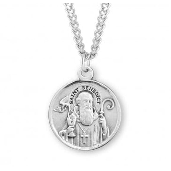 Sterling Silver Round Saint Benedict Medal Necklace (1-3/16"), Protector Against Evil, 24" Rhodium Plated Stainless Steel Chain, Made in USA- Deluxe Velvet Gift Box Included