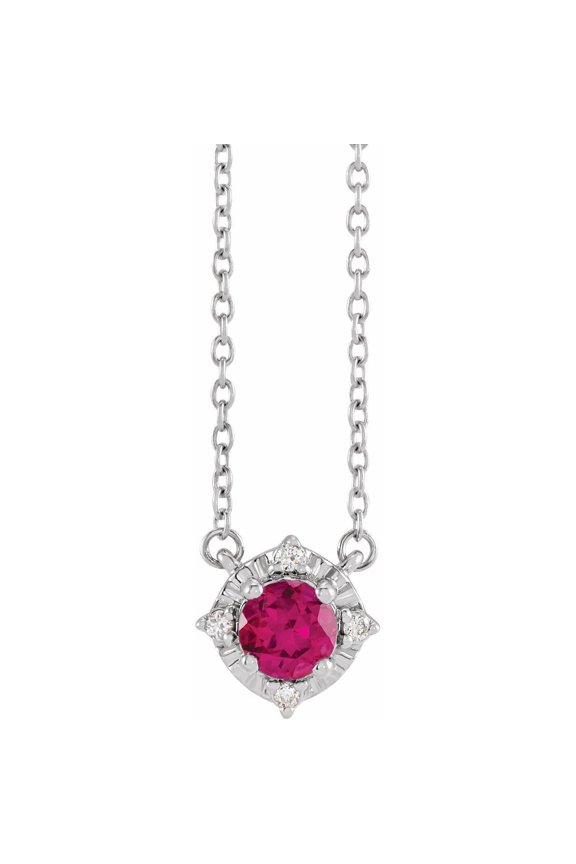 Sterling Silver Round Shape Lab-Created Ruby and .04 cttw Diamond Halo-Style Necklace Fine Jewelry for Women Gifts for Her (8.5x5.1mm, H+, I2), 18"