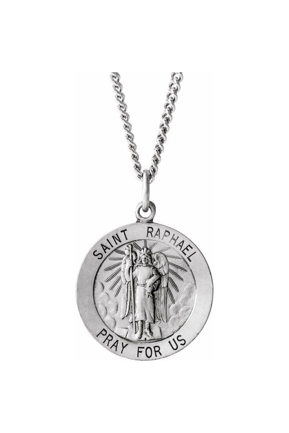 Sterling Silver Round Shape Saint Raphael Medal Religious Necklace Fine Jewelry for Women Gifts for Her (15mm), 18"